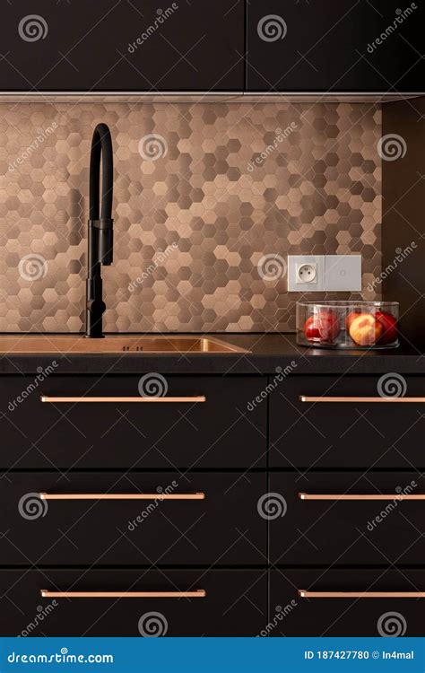 Elegant Black And Copper Kitchen Stock Photo Image Of Hexagon Design