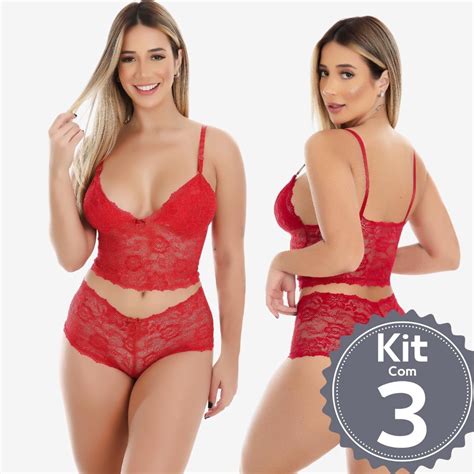 Kit 3 Conjunto Lingerie De Renda Espera Marido Cropped E Calcinha Short