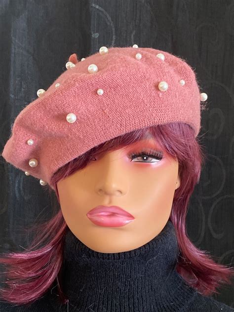 Pink Beret With Pearls Pink Pearls Beret Hat Pearl Embellished Hat