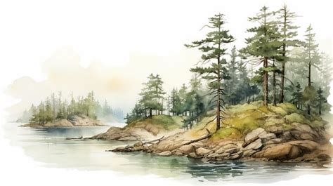 Detailed Watercolor Painting Of Pine Trees At The Shore Premium Ai Generated Image