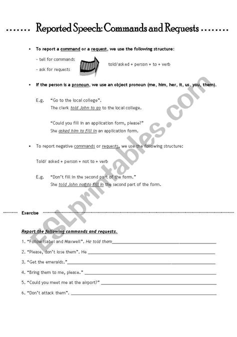 English Worksheets Reported Speech Commands And Requests