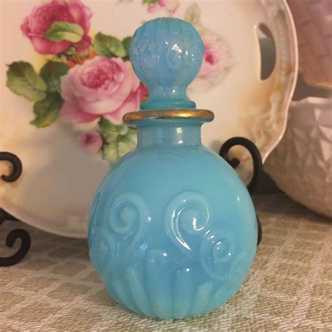 Avon Blue Embossed Milk Glass Swirl W Gold Rim Perfume Bottle And Stopper Milk Glass