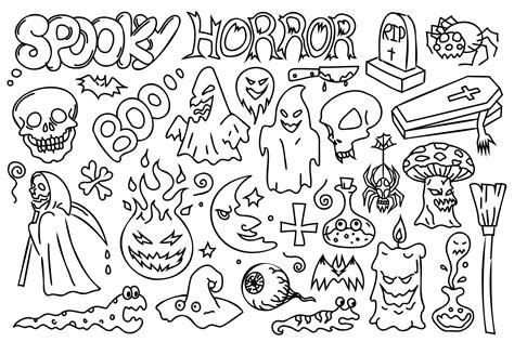 Halloween linear illustrations set. Collection of outline, evil, scary ...