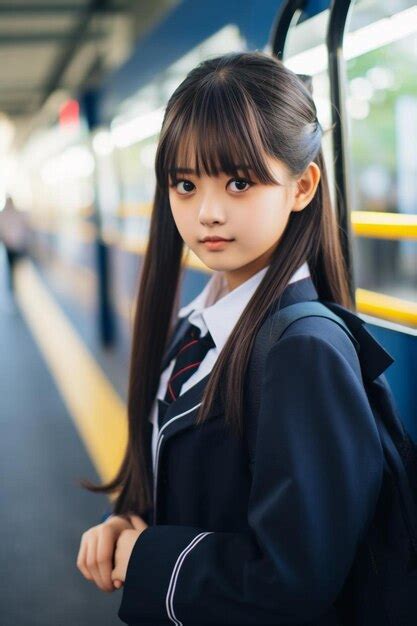 Cute Japanese Schoolgirl In Uniform Downtown Waiting At A Bus Station