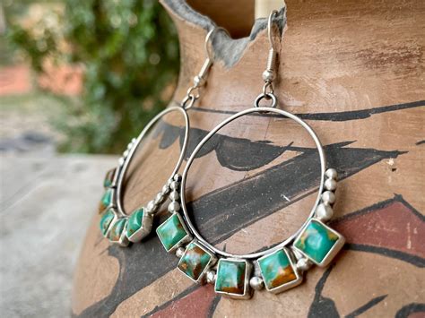 Medium Sized Hoops Turquoise Earrings By Navajo Annie Hoskie Native