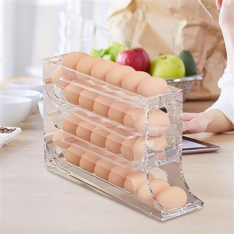 Chamoist 4 Tiers Egg Holder For Fridge Auto Rolling Egg Organizer For