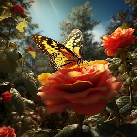 Premium Ai Image Illustration Of A Yellow Butterfly On A Red Rose