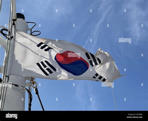 South Korea Flag Flapping In The Wind Attached To The Mast Of Merchant