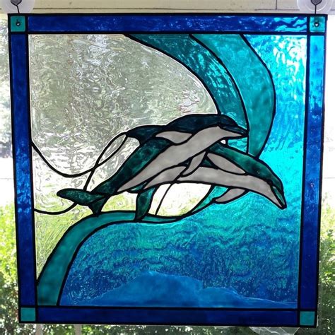 Dolphins Jumping Stained Acrylic Glass Window 12 X 12 Faux Stained Glass Stained Glass Diy