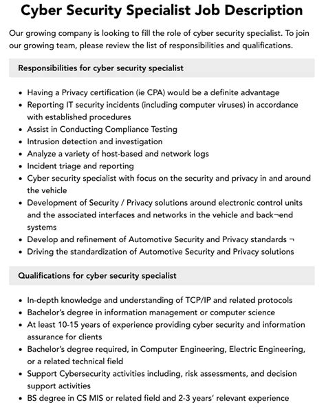 Cyber Security Specialist Job Description | Velvet Jobs