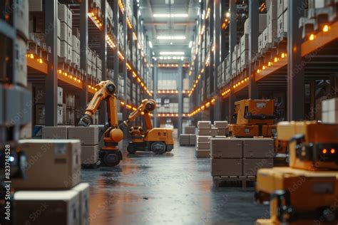 Modern Warehouse Interior With Robotic Arms And Autonomous Forklifts