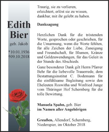 Traueranzeigen Von Edith Bier Trauer In Thueringen De