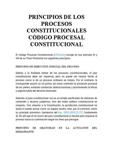 Principios De Los Procesos Constitucionales Del Código Procesal Constitucional Pdf Ley