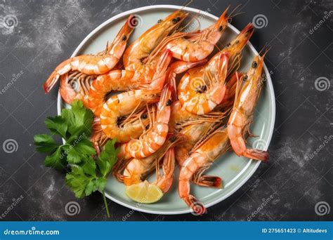 Platter Of Tiger Shrimp Prawns Skewered And Ready For Grilling Stock