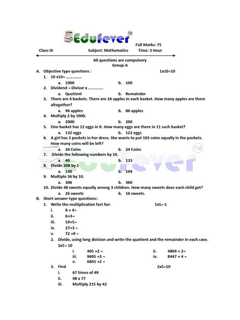 Cbse Class 3 Math Sample Paper 75 Pdf Number Theory Abstract Algebra