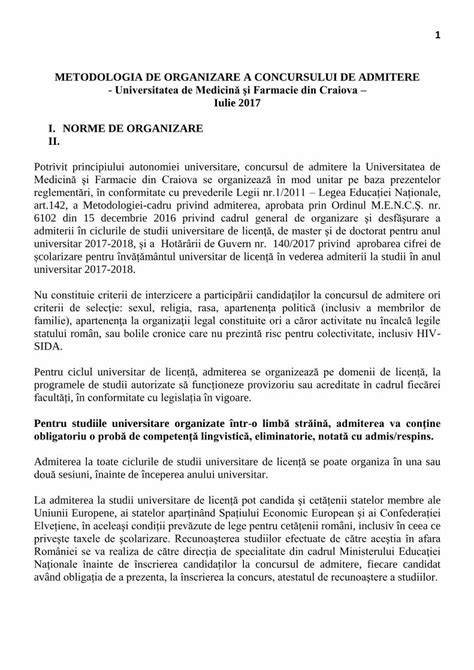 Pdf Metodologia De Organizare A Concursului De Admitere De