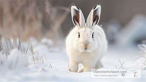 Mammal Photos Fluffy White Rabbit Standing Alert In A Snowy Landscape