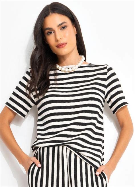 Blusa Listrado Preto E Branco Em Malha Tric Quintess