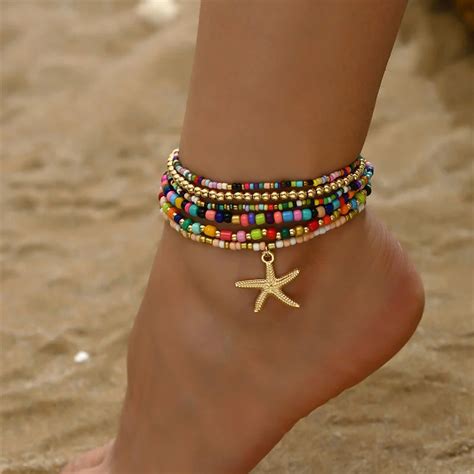 Bohemia Multilayer Rice Bead Anklet Set For Women Fashion Starfish