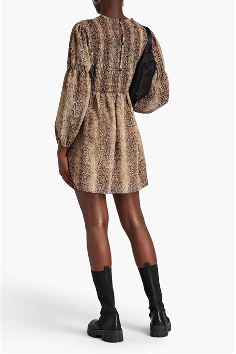 GANNI Shirred Snake Print Crepe Mini Dress THE OUTNET