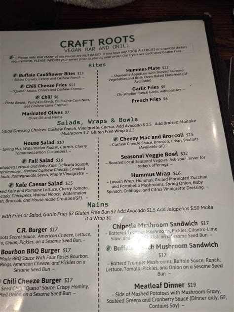 Menu at Craft Roots pub & bar, Morgan Hill