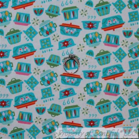 Boneful Fabric Fq Cotton Quilt Vtg White Aqua Blue Red Pink Green