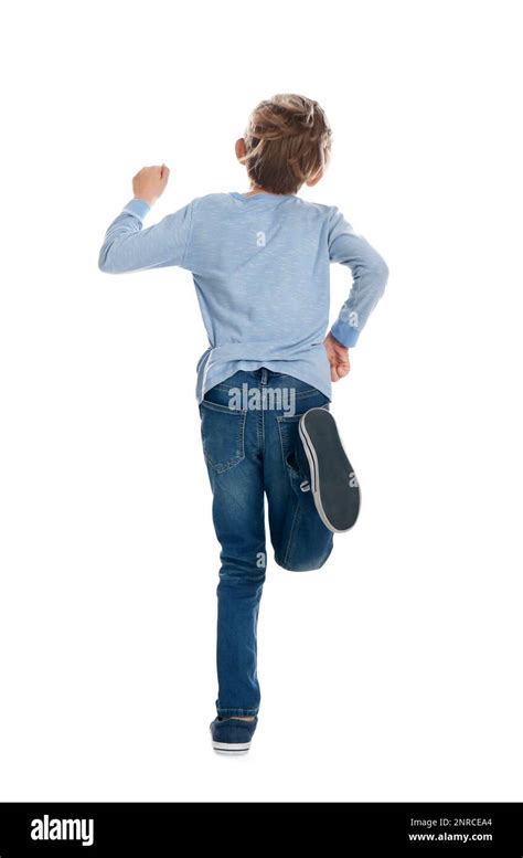 Little Boy Running On White Background Back View Stock Photo Alamy