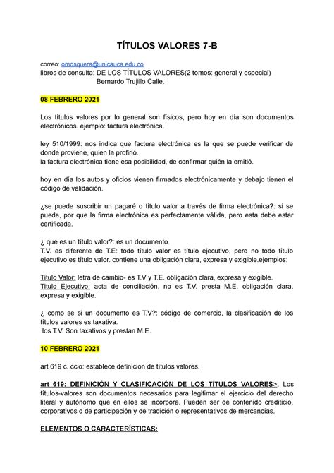 Títulos Valores 7 B apuntes para repaso de parciales en TÍTULOS