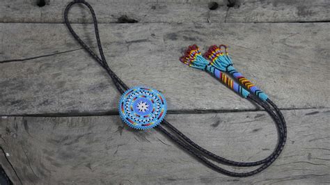 Beaded Bolo Tie Handmade Native American Style Beaded Bolo Tie Sky Blue Geometric