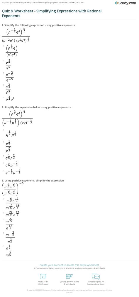 Simplifying Exponents Expressions Worksheets