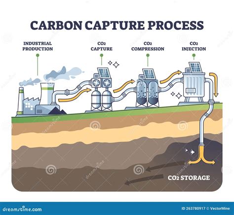 Carbon Capture Process Stages With CO2 Storage Underground Outline Diagram Cartoon Vector ...