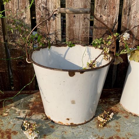 Vintage White Enamel Bucket Planter Patina Modern Rustic Etsy