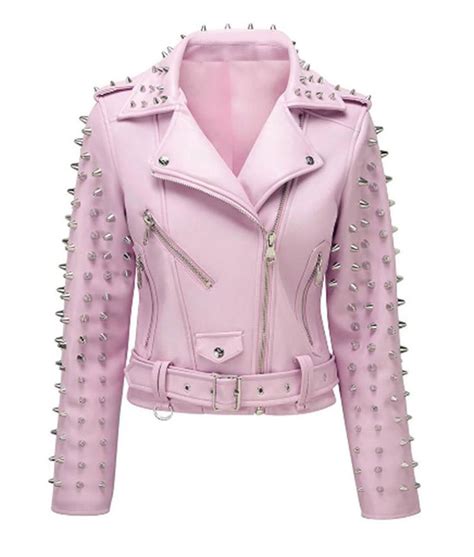 Women S Biker Belted Pink Leather Jacket With Studs Jackets Expert