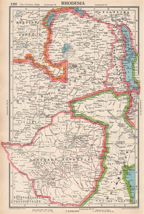 RHODESIA. Southern/Northern Rhodesia. Zimbabwe. Zambia. BARTHOLOMEW 1952 map