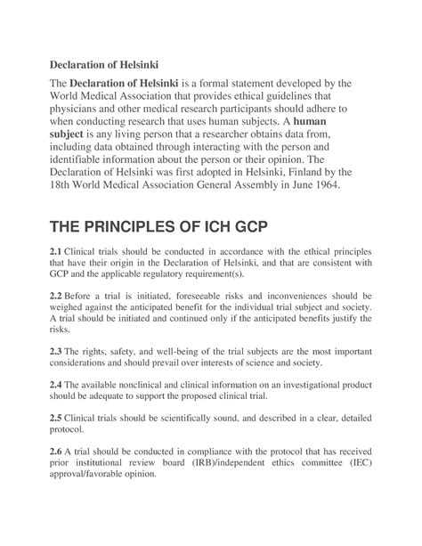 The Principles Of Ich Gcp Declaration Of Helsinki The Declaration Of Helsinki Is A Formal