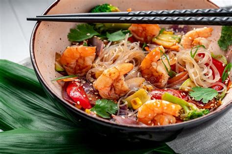 Rice Noodles With Shrimp And Vegetables Asian Cuisine Stock Photo