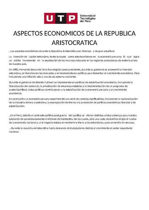 Aspectos Economicos DE LA Republica Aristocratica ASPECTOS ECONOMICOS