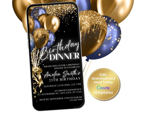 Digital Black Navy Gold Birthday Dinner Invitation Electronic Invite Phone Text Message Evite