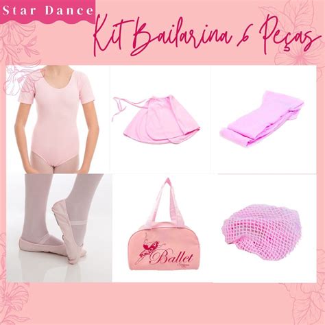 Kit De Ballet Collant Meia Manga Saia Transpassada Meia Sapatilha