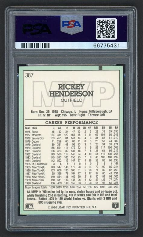 Donruss Rickey Henderson Mvp Oakland Athletics A S Hof Psa