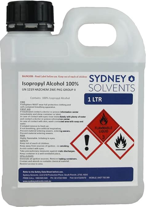 SYDNEY SOLVENTS IsoPropyl Alcohol IPA Isopropanol 100 1 Litre