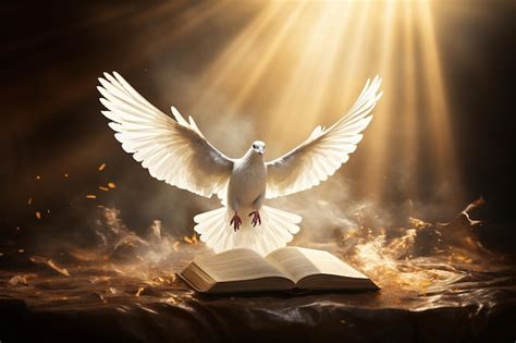 Premium Photo | A dove with outstretched wings over an open Bible in ...