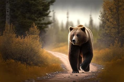 Premium AI Image | Big brown bear taking a walk along the trail