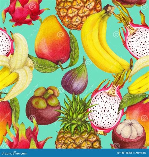 Seamless Tropical Pattern Of Hand Drawn Fresh Juicy Fruits Stock Photo