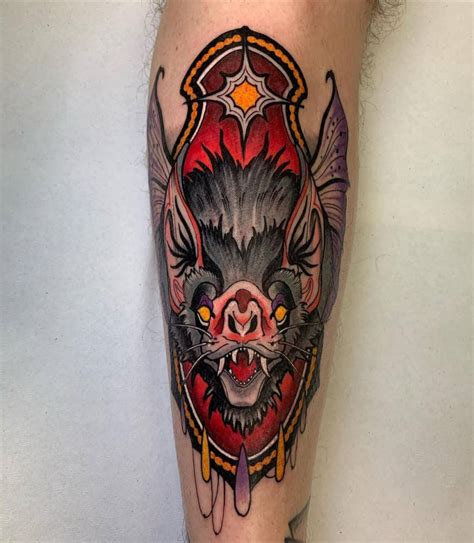 Neotraditional Bat Portrait Tattoo On The Shin