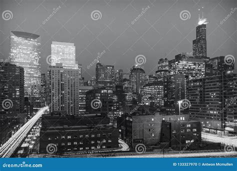 Chicago Cityscape At Night Lake Street And Interstate 90 Long