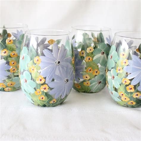 Stemless Wine Glasses Hand Painted Floral Mixed Flowers Etsy