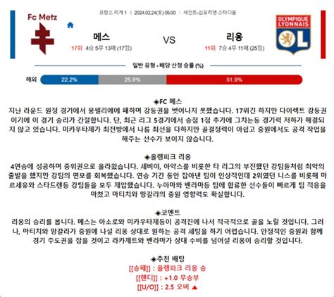 2월 24일 리그앙 메스 리옹 축구자료 라이브스코어 라이브맨 실시간 라이브스코어 토토사이트 추천 꽁머니 먹튀검증