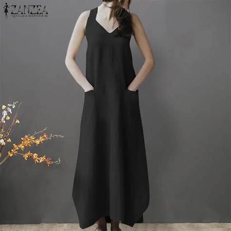 2019 ZANZEA Summer Women Sleeveless Solid Cotton Linen Maxi Dress