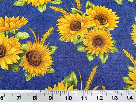 Gorgeous Blue Sunflowers Fabric Yard Of A Wide Etsy